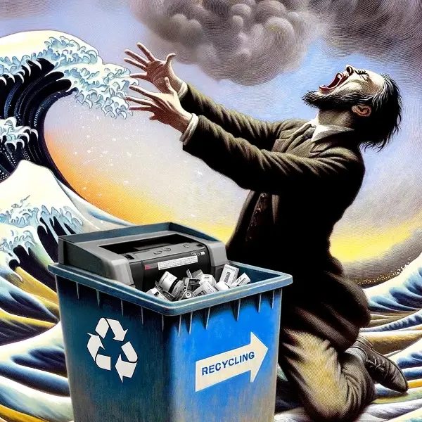 Man screams at tsunami because he accidentally recycled his unwanted cartridges rather than checking our guide first...